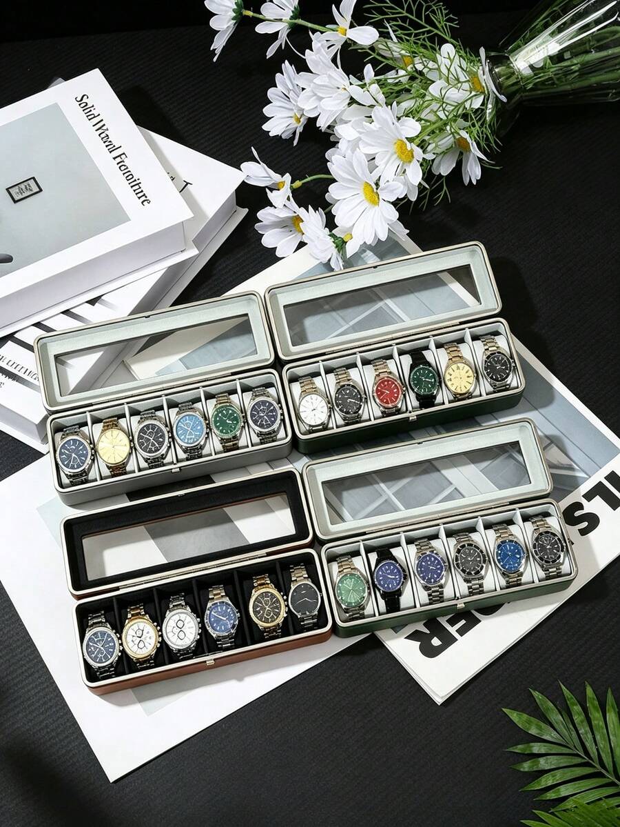 Watch Box Silver Frame6-Slot Watch CaseWith Large Glass Lid RemovableWatch Pillows Watch BoxOrganizer Gift For Loved OnesSynthetic Leather Gray Lining Jewelry Box Organizer Watch Box Watch Case Watch Organizer Jewelry Organizer - Multicolor - View 1
