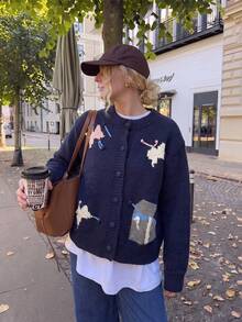 Women's Navy Blue Pom Pom Bow Knit Cardigan, Button Front Sweater Jacket, Suitable For Coffee Date, Autumn/Winter, Halloween, Thanksgiving, Christmas - Navy Blue - View 3