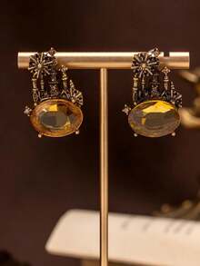 1 Pair Exquisite Red & Yellow Oval Cute Romantic Castle & Fireworks Pattern Earrings, Suitable For Daily Wear, Party And Ball - Yellow - View 3