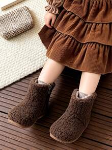 1 Pair Children's Soft Plush Ankle Boots With Side Zipper For Easy On And Off, Suitable For Autumn/Winter Home And Casual Wear - Brown - View 3