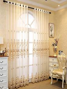 1PC Grommet Top European Palace Style Embroidered Sheer Curtain, Elegant Vintage Floral Pattern Embroidered Sheer Curtain, Luxury Villa Living Room Bedroom Beige Floor-Length Sheer Curtain - Beige - View 7