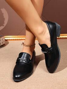 Rhinestone Chain Low Heel Loafers, Black Chunky Heel British Style Leather Shoes, Fashion Casual Office Wear, Student Commute Slip-On Rhinestone Loafers - Black - View 10