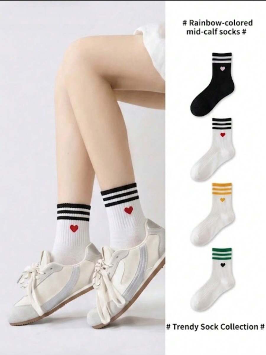 1/5 pares de calcetines de media caña estilo universitario para mujer con rayas de corazón, puño acanalado de doble raya, calcetines deportivos casuales para correr, fitness, yoga, pilates, suaves y transpirables para el uso diario, simples y cómodos, adecuados para todas las estaciones - Multicolor - Ver 1