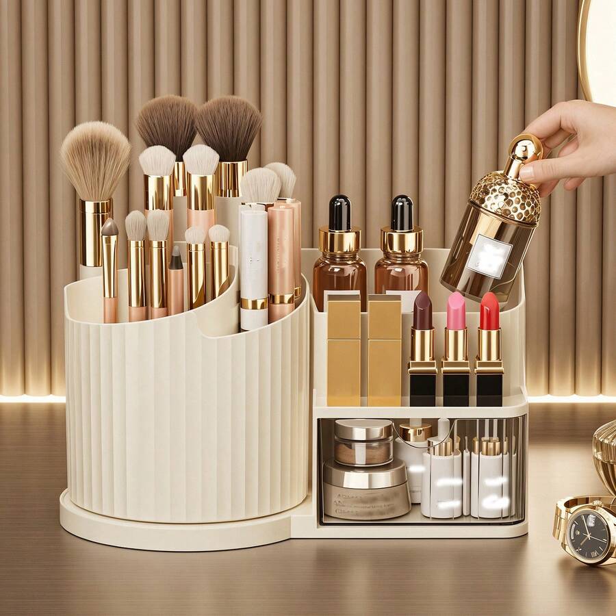 Mini 360° Rotating Cosmetic Storage Box And Desktop Pen Holder Stationery, Available In White, Pink And Cream, Plastic Cosmetic Storage Rack, Multi-Functional Holder For Brushes, Lipsticks, Skincare Products And Stationery - Durable, Odorless, Desktop Friendly, Space-Saving Cosmetic Storage With Elegant Design