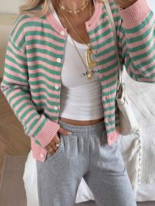 1pc Women's Striped Button-Up Cardigan, College Style Knit Jacket, Dropped Shoulder Long Sleeve Top Suitable For Dating, Streetwear And Outings - Pink - View 4