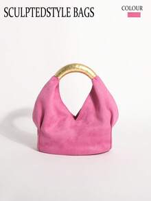 1pc Rose Red Textured Velvet Ruffled Design Vintage Metal Hardware Handbag Exquisite Fashion Zipper Bucket Bag Suitable For Commuting And Shopping - Hot Pink - View 9