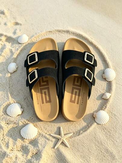 Women's Sandals, Elegant Women's Sandals, Summer Women's Sandals, Buckle Decor Sandals, Black Sandals, Women's Flat Sandals, Women's Slippers, Travel Essentials, Women's Vacation Shoes, Sandals, Flat Shoes, Women's Black Sandals, Women's Casual Shoes, Fashion Slippers, Beach Shoes, Black Slippers