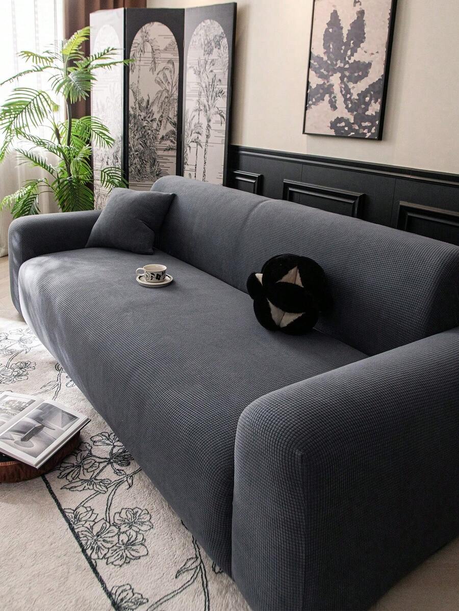 1pc Solid Color Textured Stretch Elastic Sofa Cover, Ins Style For All Seasons, Machine Washable, Pet-Friendly & Durable, Suitable For Living Room, Bedroom, Dining Room, Outdoor, Fits 1/2/3/4 Seater Sofa, Comes With Anti-Slip Strips - Grey - View 1