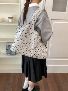 1件女款拼色尼龍單肩包，時尚大容量五星裝飾托特包，適合購物、度假與旅行 - 米色 - 查看 6