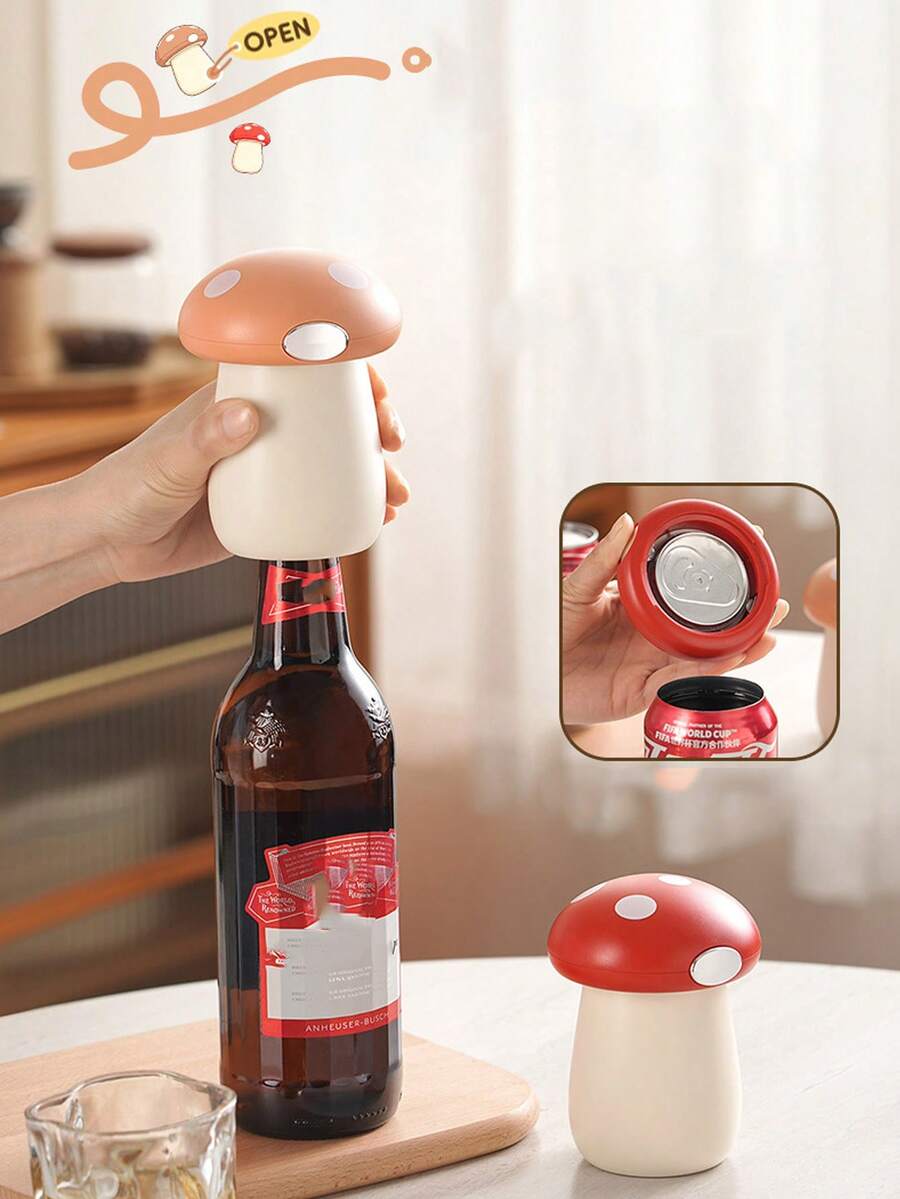 2 In 1 Can Opener Cute Mushroom Multi Functional Automatic Beer Kitchen Press Lid Beer Corkscrew Tools Portable Kitchen Accessories Bar Gadgets