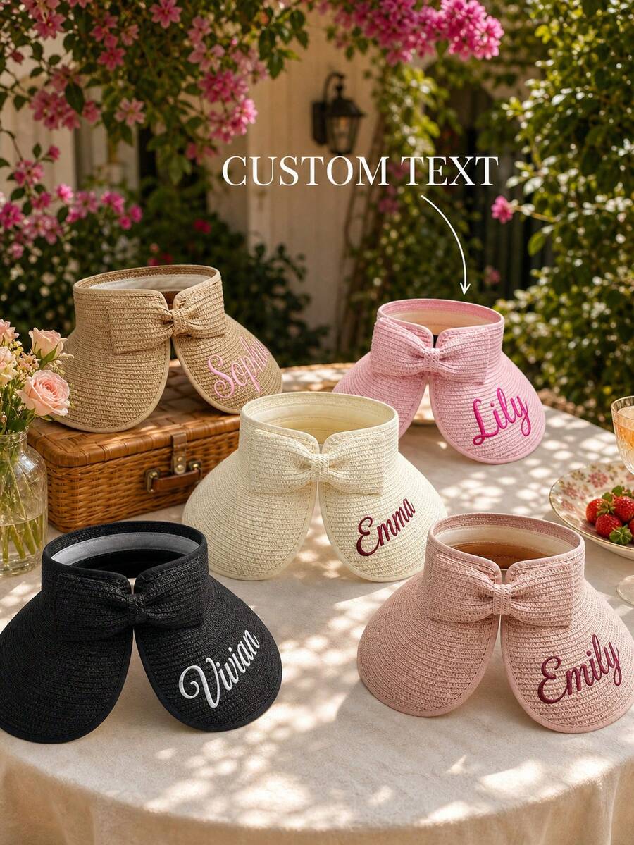 Personalized Custom Name Sun Visor Hat, Bow‑Decorated Summer Cap, Stylish Beach Vacation Accessory & Gift. - Multicolor - View 1