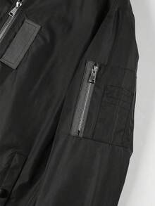 Men's Orange Lining Flight Jacket, Multi-Pocket With Arm Pocket Zipper Ribbed Collar Fashion Casual Outerwear, Suitable For Spring And Autumn Wear - Black - View 7