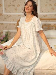 RS Pajama1 Floral Print Bubble Crepe Ruffle Short Sleeve Nightgown With Bow Decor, Square Neck - Baby Blue - View 7