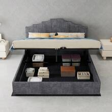 Modern Minimalist Upholstered Bed, Comfortable And Soft Headboard, Multifunctional Bedroom Furniture, High Box Spring Bed Frame With Gas-Pressure Spring, Including 140*200cm Mattress. - 灰色 - 查看 7