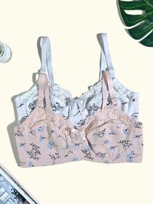 3pcs/Set Fresh Print Seamless Underwire Side-Support Adjustable Strap Comfortable Everyday Plus Size Bra For Women - Multicolor - View 5
