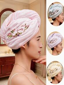 QIBHI 刺繡花卉女用乾髮帽，優雅化妝髮帶帽，柔軟快乾女孩花園浴帽，溫暖花卉，極簡浴室乾髮帽，居家裝飾女孩乾髮毛巾，適用於浴室、旅行、學校、返校、居家必需品、護膚 - 彩色 - 查看 1