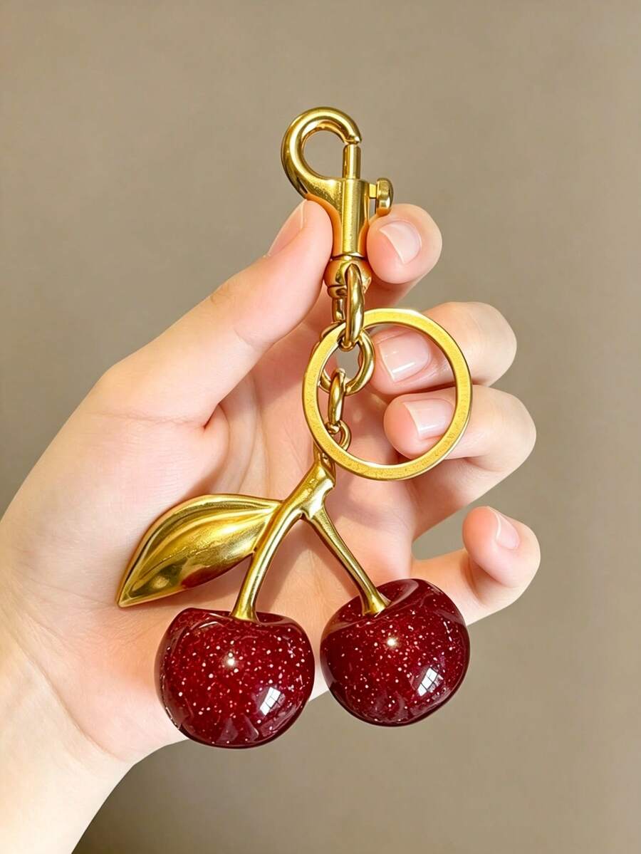 1pc Shiny Cherry Shaped Pendant Keychain, Buckle Decor Bag Accessory For Women Handbags, Jewelry Gift