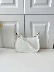 Solid Color Embossed Geometric Shoulder Bag - White - View 4