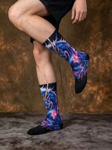 1/3 Pairs Nebula Gradient Dragon Realistic Print Long Socks, Black Base Dirt-Resistant Design, Reinforced Wear-Resistant Toe, Daily Commute Socks, Fun Christmas Gift - Multicolor - View 2