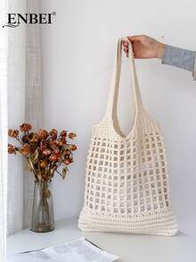 Women's Tote Bag, Back To School Crochet Woven Bag, Large Women's Handbag, Women's Knitted Shoulder Bag, Crochet Woven Bag, Girls' Crochet Woven Bag, Summer Beach Tote Bag, Large Capacity Student Summer Tote Bag, Women's Beach Sand-Free Knitted Shoulder Bag, Vintage Hollow Floral Decor Supermarket Shopping Handbag - Beige - View 9