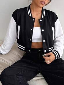 Teen Girls American Retro Black & White Colorblock Baseball Jacket, Autumn/Winter Short Knit Cardigan Coat - Black - View 9