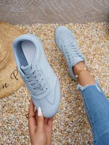 Grey-Blue Faux Suede Lace-Up Sneakers, Women's Soft Flat Casual Retro Training Shoes, Suitable For Daily Walking - Baby Blue - View 5