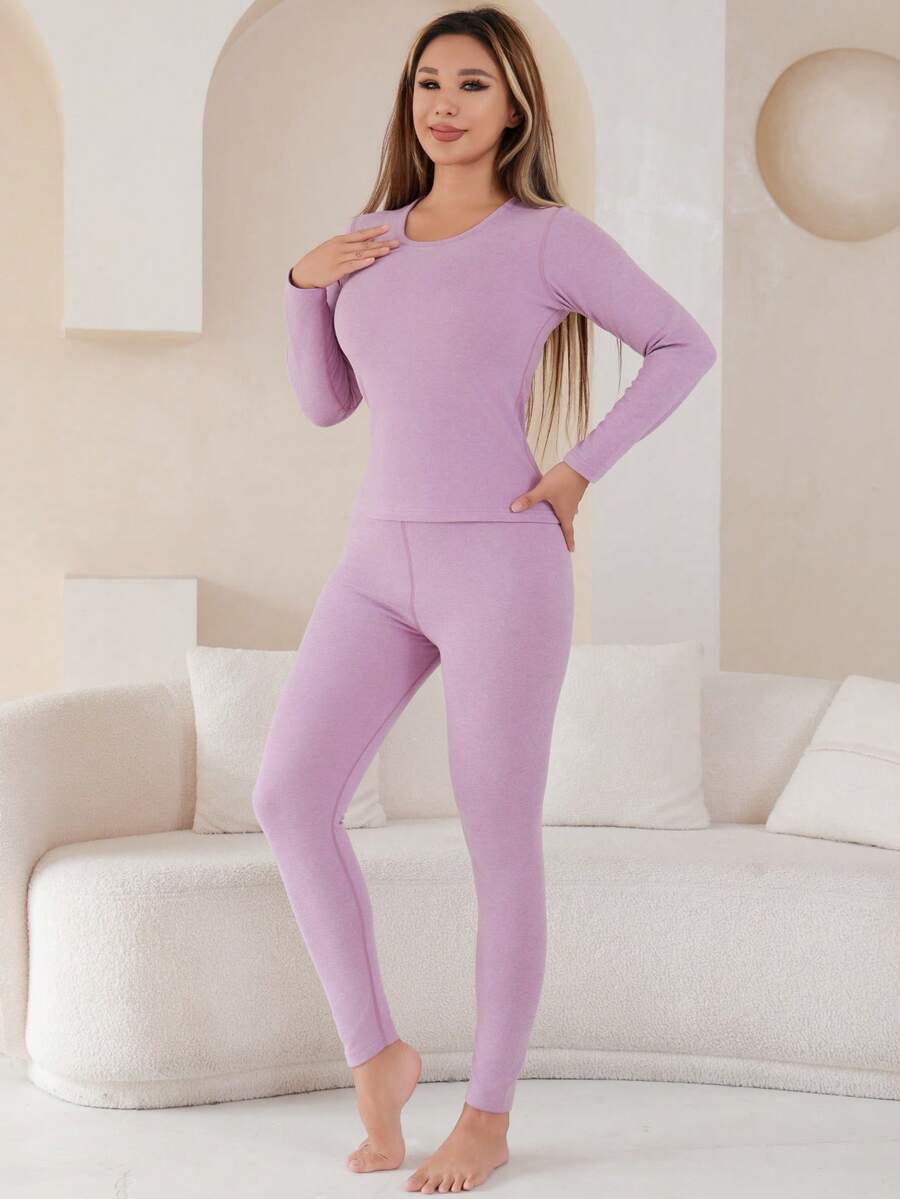 1 Set Women's Medium-Thick Knitted Wool & Silk Comfortable Slim Fit Thermal Warm Home Wear Set For Autumn, Winter And Spring - Mauve Purple - View 1