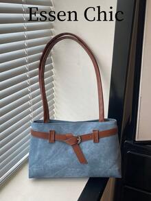 1pc Blue Colorblock PU Women's Large Capacity Shoulder Bag With Strap Decoration - Blue - View 2