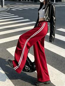 Celana Panjang Wanita Warna Burgundy Model Lurus dengan Tali Serut, Bahan Poliester, Gaya Streetwear Poliester Panjang dan Longgar Warna Merah - Merah - View 1