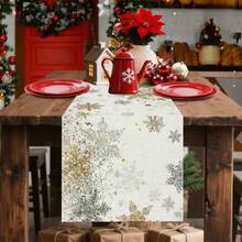 1-Piece Linen Table Runner, Designed With Various Snowflake Patterns In Gold And Silver, Durable Indoor And Outdoor Holiday Table Flags, Suitable For Kitchen, Restaurant, And Christmas Party Decoration, Holiday Themes, And Home Decor. - Multicolor - View 4