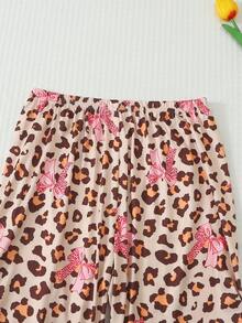Teen Girls 2-Piece Leopard Print & Bow Print Collared Long Sleeve Top And Pants Pajama Set, Soft & Comfortable Autumn/Winter Home Casual Wear - Multicolor - View 6