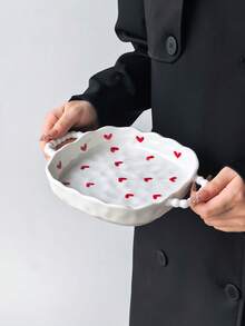 1pc Ins Style Hand-Painted Heart Asymmetrical Pearl Handle Ceramic Double Handle Plate, Minimalist Large Capacity Double Handle Baking Dish, Jewelry Tray, Cake Plate, Salad Bowl, Fruit Plate, Family Gathering Large Capacity Dish, Housewarming Gift - Multicolor - View 3