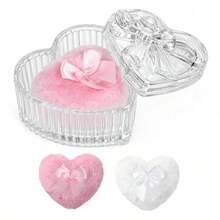 Bowknot Heart-Shaped Glass Cosmetic Jar With Lid And Fluffy Heart-Shaped Powder Puff, Victorian Style Luxury Cosmetic And Jewelry Storage Box, Elegant Bathroom Decor Box, Elegant Heart-Shaped Decorative Powder Jar, Classic Cosmetic Jar, Bathroom Vanity Essential, Ideal Gift - Clear - View 1