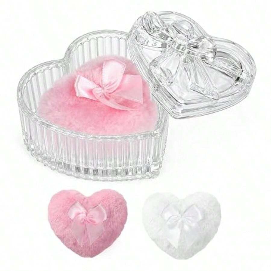 Bowknot Heart-Shaped Glass Cosmetic Jar With Lid And Fluffy Heart-Shaped Powder Puff, Victorian Style Luxury Cosmetic And Jewelry Storage Box, Elegant Bathroom Decor Box, Elegant Heart-Shaped Decorative Powder Jar, Classic Cosmetic Jar, Bathroom Vanity Essential, Ideal Gift - Clear - View 1