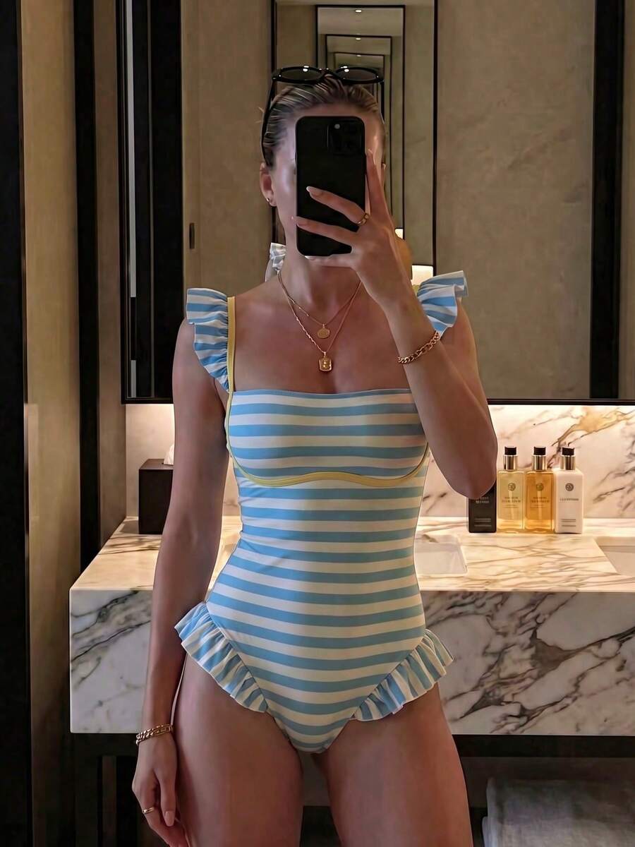 新款辣妹夏日條紋高彈力休閒海灘度假約會派對女款一件式細肩帶泳衣 - 彩色 - 查看 1