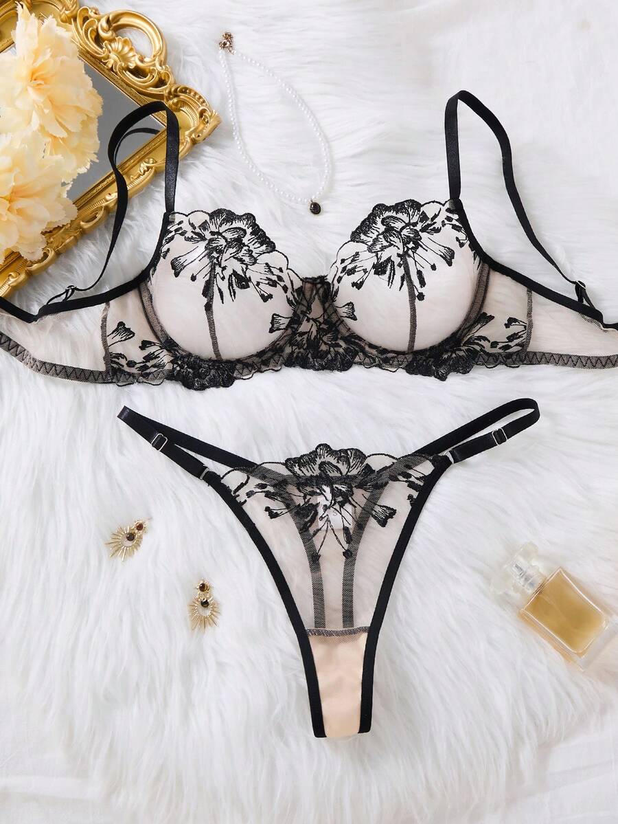 Elegant Black Sheer Floral Embroidery Lingerie Set,Underwire See-Through Bra With Adjustable Straps,Matching Mesh Panties - Black - View 1