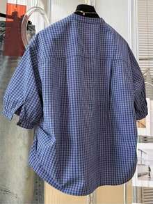 Retro Blue Plaid Button-Up Short Sleeve Shirt For Women, Summer Lightweight Puff Sleeve Loose Fit Minimalist Design Casual Commuter Top - Royal Blue - View 6