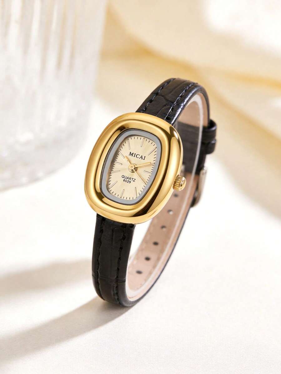 1pc Women's Gold Oval Bead Gemstone Watch, Gold Alloy Case, Gold Dial, Black PU Strap, Suitable For Daily Wear, Dating And Gifting