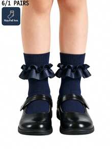 6/1 Pair Girls Lace Ruffle Trim Mid-Calf Socks, Soft Navy Blue And White School Uniform Daily Wear Socks, Autumn/Winter Halloween - Multicolor - View 1