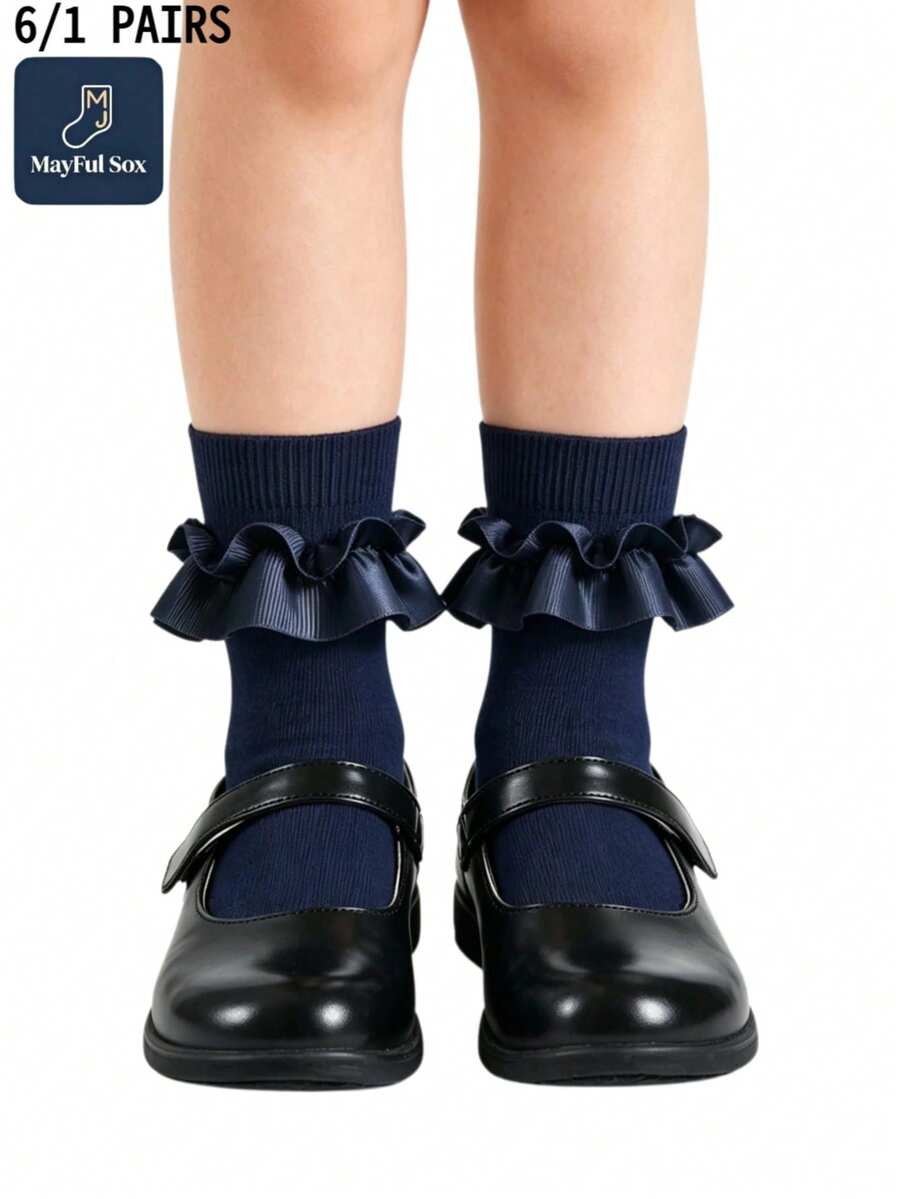 6/1 Pair Girls Lace Ruffle Trim Mid-Calf Socks, Soft Navy Blue And White School Uniform Daily Wear Socks, Autumn/Winter Halloween - Multicolor - View 1