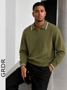 GRDR Men's Airplane Collar Pullover Sweater, Autumn/Winter Turn-Down Collar Knit Top - Army Green - View 2