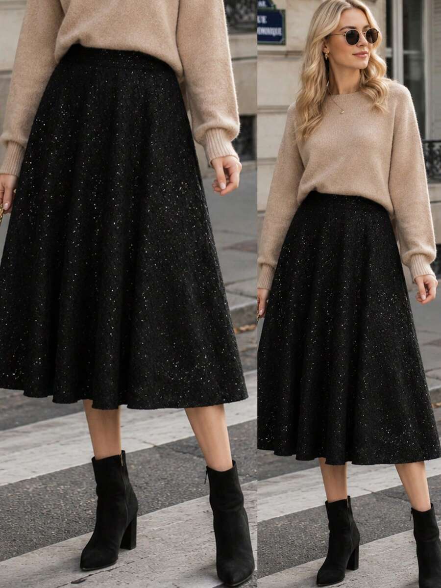 LuminousWealth Women's - Shiny Plaid Thick A-Line Skirt, High Waist Elastic Waist Flared Skirt For Autumn/Winter - Black - View 1