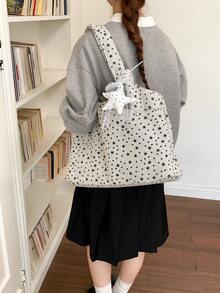 1件女款拼色尼龍單肩包，時尚大容量五星裝飾托特包，適合購物、度假與旅行 - 米色 - 查看 5