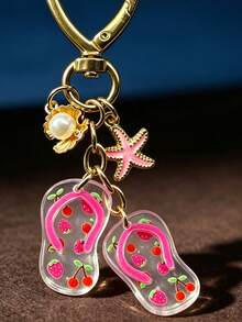 Heart‑Shaped Clasp Keychain, Summer Beach Enamel Charms Bag Charm, Pearl Shell Starfish Flip‑Flop Pendants Gold‑Toned Stylish Durable Decorative Gift - Multicolor - View 2