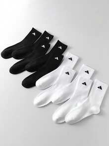 5/10 Pairs Men's Sports Socks, Simple All-Match Solid Color, Vertical Stripe Breathable Mid-Calf Socks, Suitable For Running, Black & White Versatile Style - Multicolor - View 3