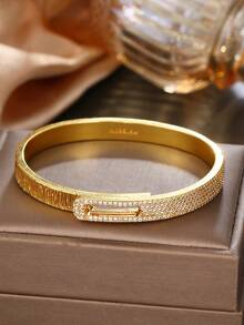 1pc Women's Luxury Textured Gold Hinge Bracelet, Sparkling Rhinestone Zirconia Clasp, Birthday Anniversary Holiday Gift, Daily Commute Jewelry - Gold - View 2