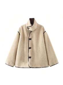 Women's Daily Wear Colorblock Front Button Stand Collar Wool Coat, Regular Fit Elegant Versatile Commuter Casual Jacket - Beige - View 5