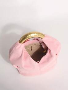 1pc Light Pink Textured Velvet Ruffled Design Vintage Metal Hardware Handbag, Exquisite Fashion Zipper Bucket Bag, Suitable For Commuting And Shopping - Baby Pink - View 7