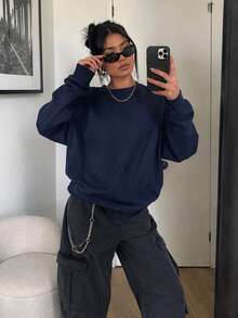 女款秋冬新款寬鬆極簡純色休閒時尚百搭圓領衛衣 - 藏蓝色 - 查看 4
