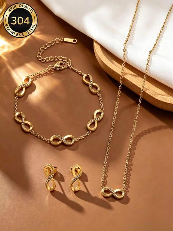18K Gold Plated Infinity Symbol Jewelry Set, Stainless Steel Necklace, Bracelet, Stud Earrings Combination, Zirconia Minimalist Style Infinity Love 8-Shaped Accessories, Suitable For Women's Daily Wear, Wedding Party Gift Choice